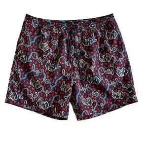 Outerknown Mens Sz M Elastic Waist Swim Shorts Navy & Red Abstract Print